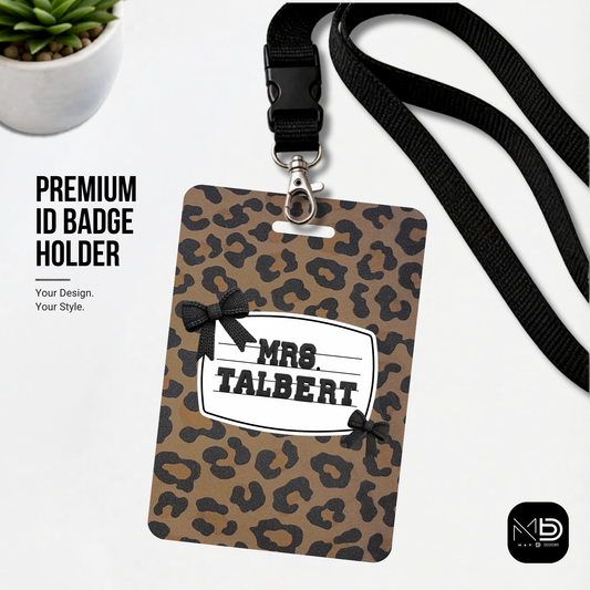 Personalized Teacher ID Badge Holder - Cheetah Bow