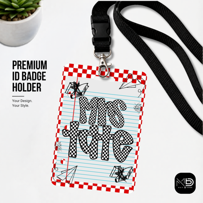 Personalized Teacher ID Badge Holder - Red Checkered Doodle