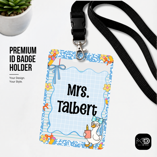 Personalized Teacher ID Badge Holder - Blue Stripes and Goose