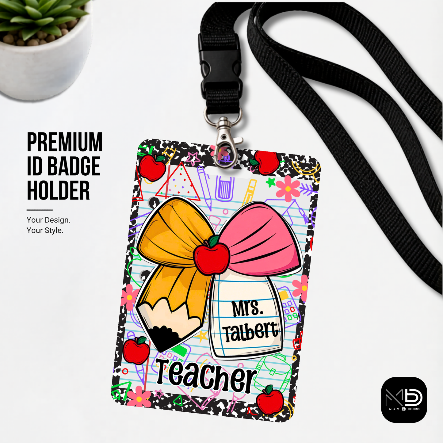 Personalized Teacher ID Badge Holder - Comp Notebook Pencil Bow