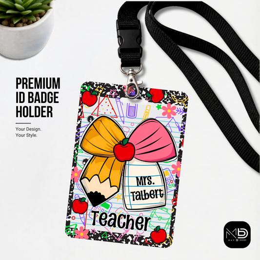 Personalized Teacher ID Badge Holder - Comp Notebook Pencil Bow