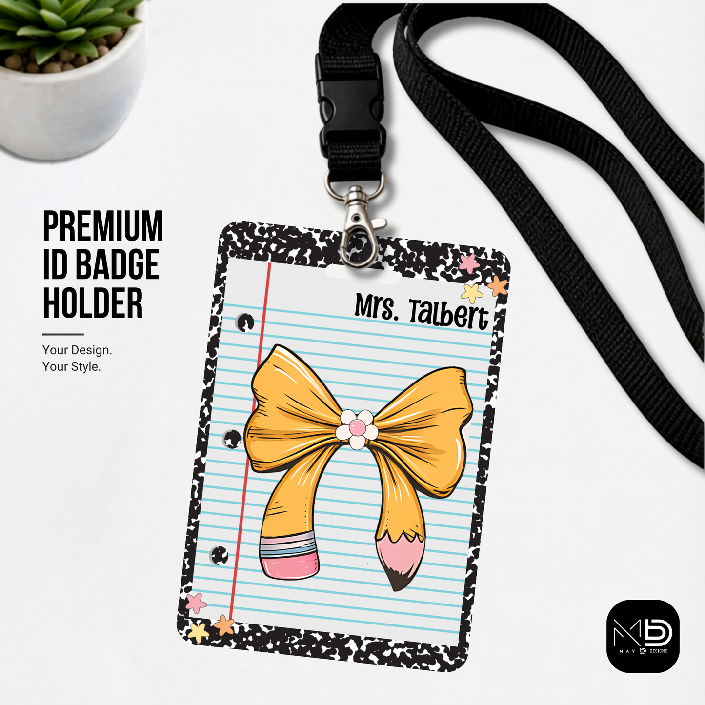 Personalized Teacher ID Badge Holder - Pencil Bow Black Composition
