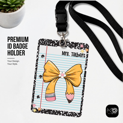 Personalized Teacher ID Badge Holder - Pencil Bow Black Composition