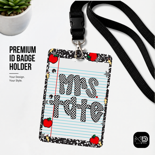 Personalized Teacher ID Badge Holder - Checkered Composition Apple