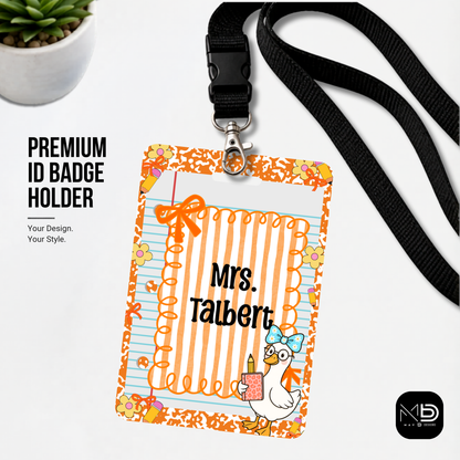 Personalized Teacher ID Badge Holder - Composition Stripes and Goose