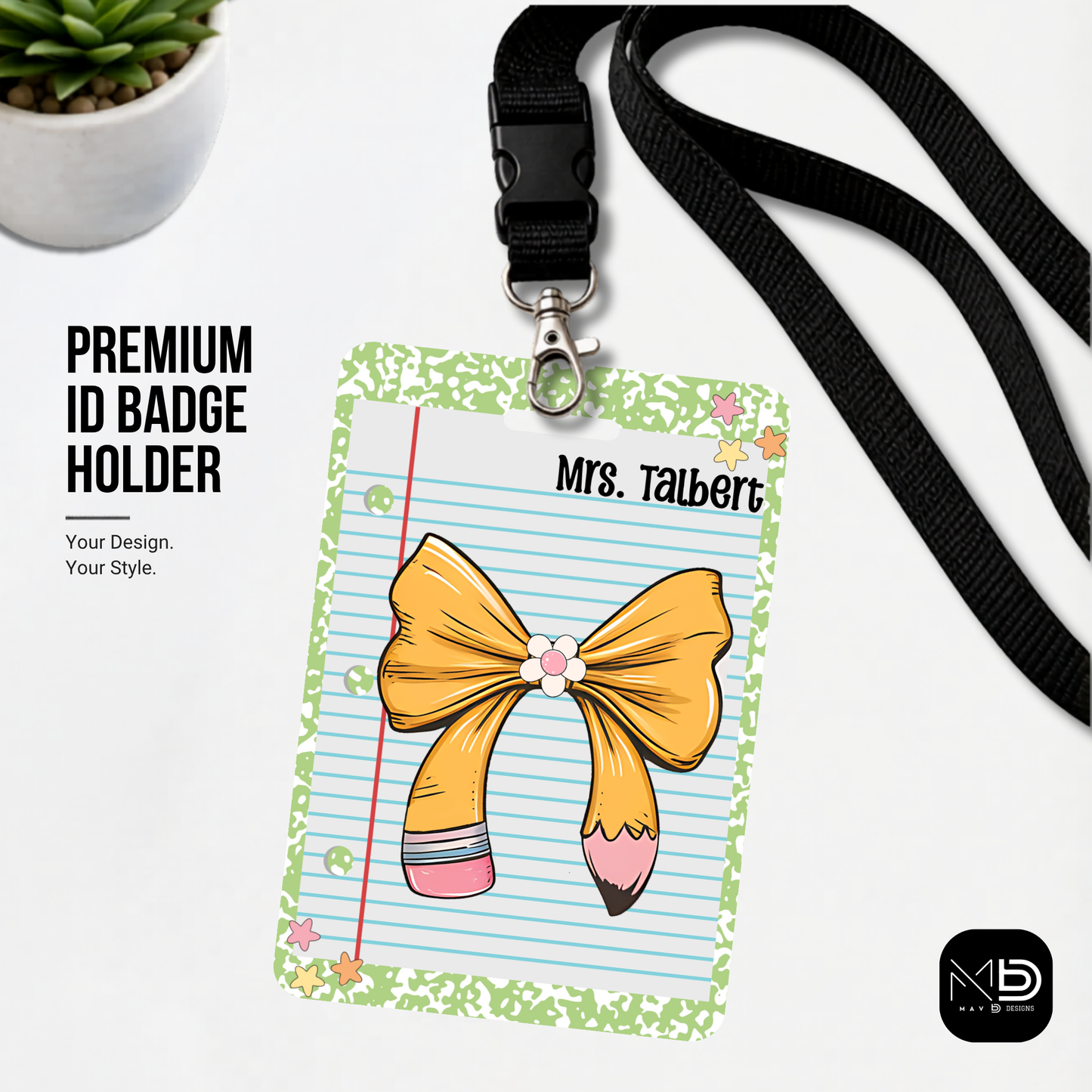 Personalized Teacher ID Badge Holder - Pencil Bow Green Composition