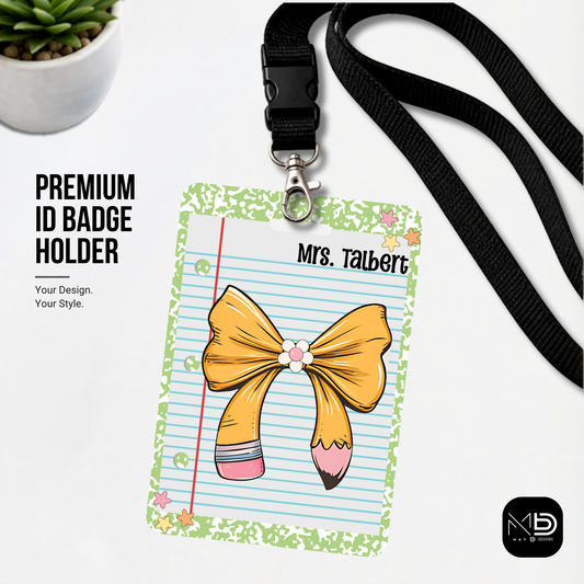 Personalized Teacher ID Badge Holder - Pencil Bow Green Composition