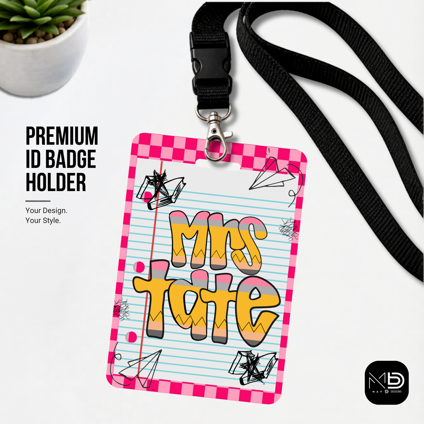 Personalized Teacher ID Badge Holder - Pencil Doodle Pink Checkered