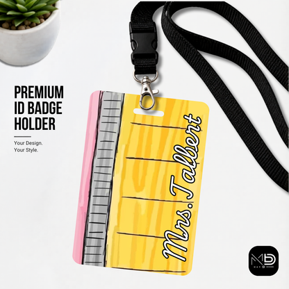 Personalized Teacher ID Badge Holder - Doodle Pencil