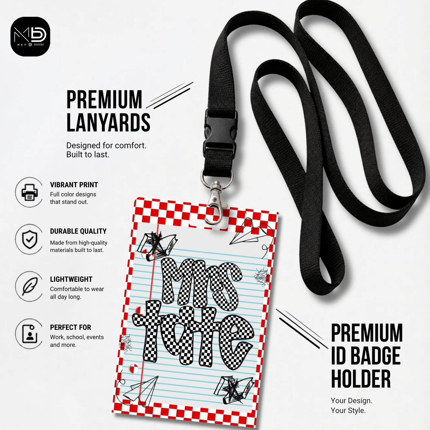 Personalized Teacher ID Badge Holder - Red Checkered Doodle