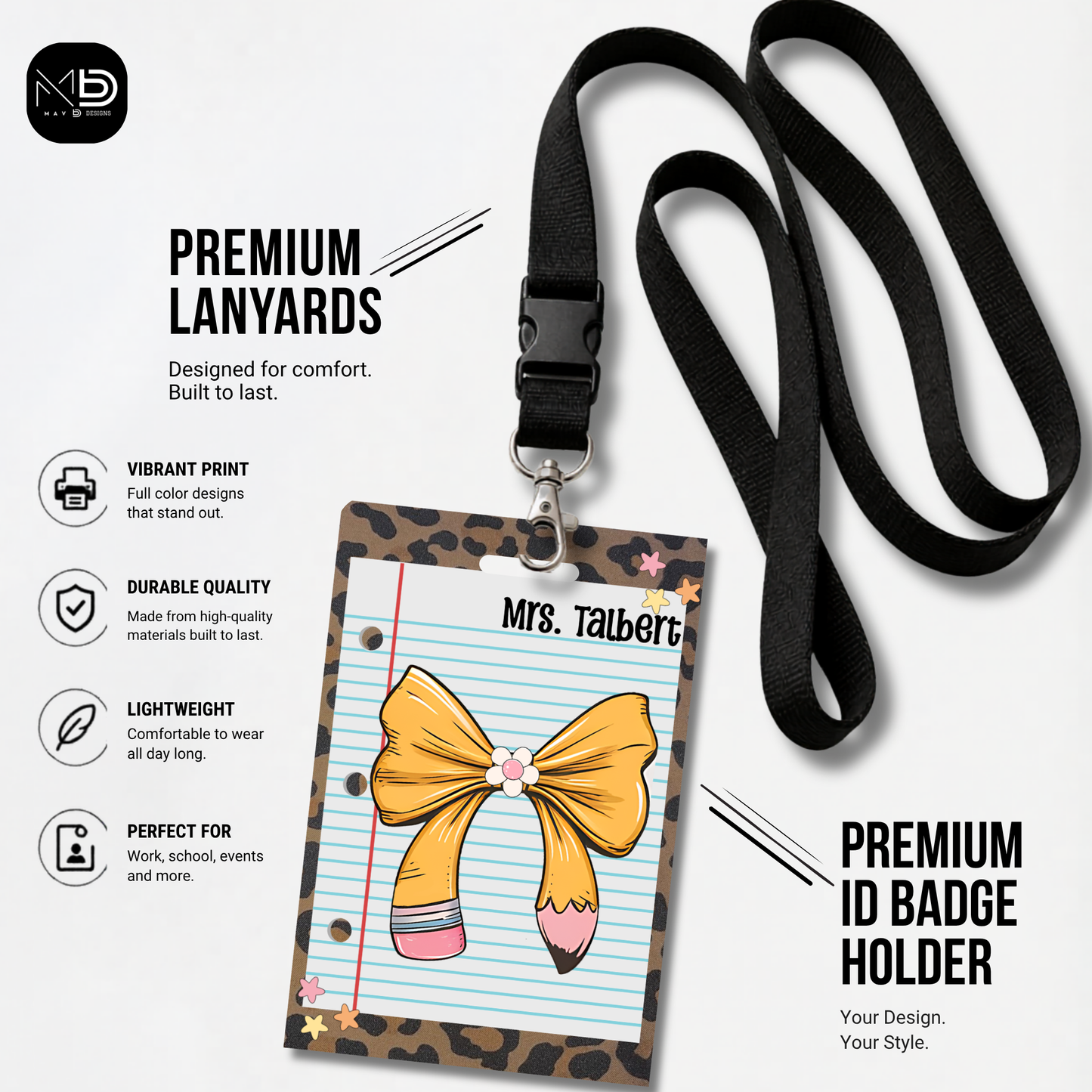 Personalized Teacher ID Badge Holder - Pencil Bow Cheetah Print