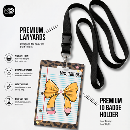 Personalized Teacher ID Badge Holder - Pencil Bow Cheetah Print