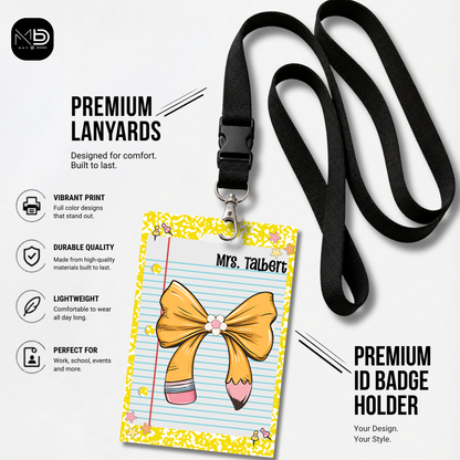 Personalized Teacher ID Badge Holder - Pencil Bow Yellow Composition