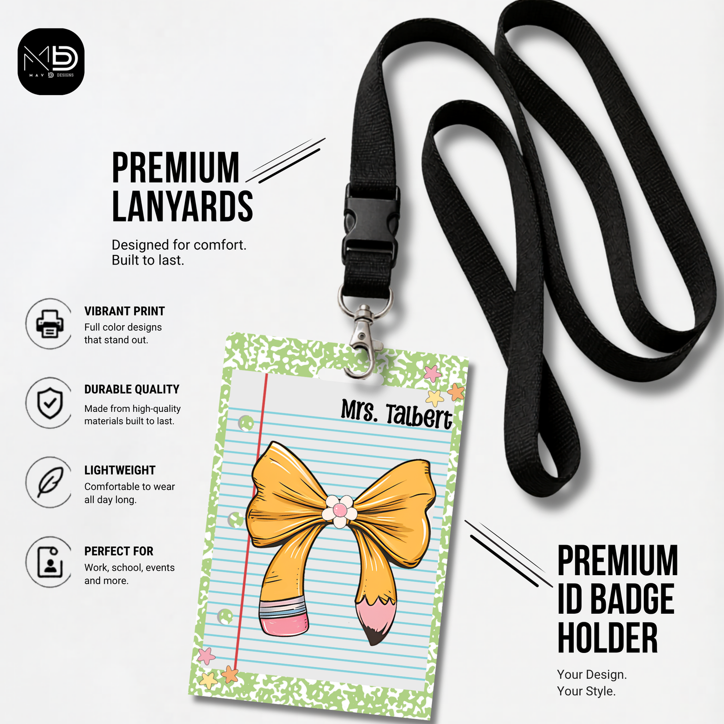 Personalized Teacher ID Badge Holder - Pencil Bow Green Composition