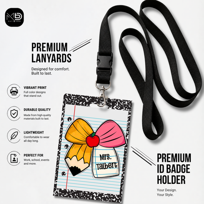 Personalized Teacher ID Badge Holder - Pencil Bow Notebook