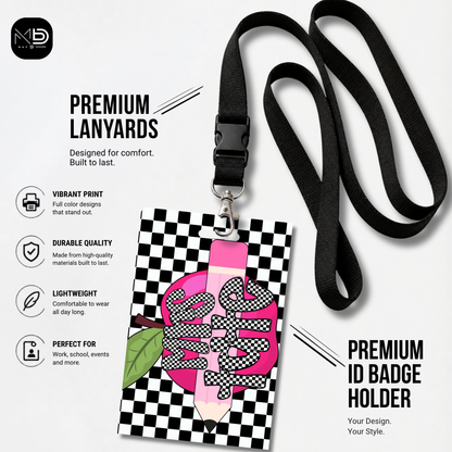 Personalized Teacher ID Badge Holder - Black Checkered Apple
