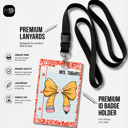 Personalized Teacher ID Badge Holder - Pencil Bow Red Composition