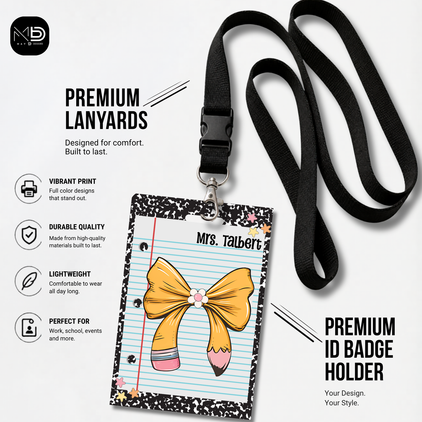 Personalized Teacher ID Badge Holder - Pencil Bow Black Composition