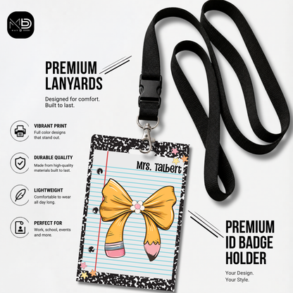 Personalized Teacher ID Badge Holder - Pencil Bow Black Composition