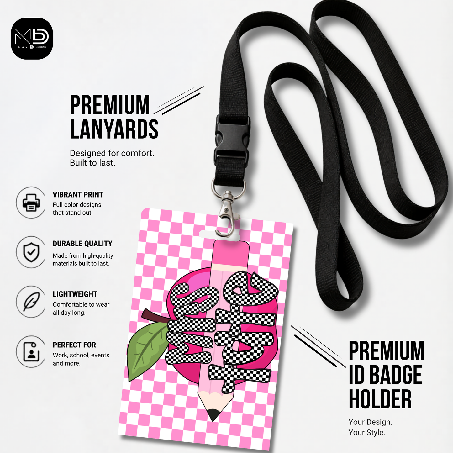 Personalized Teacher ID Badge Holder - Pink Checkered Apple