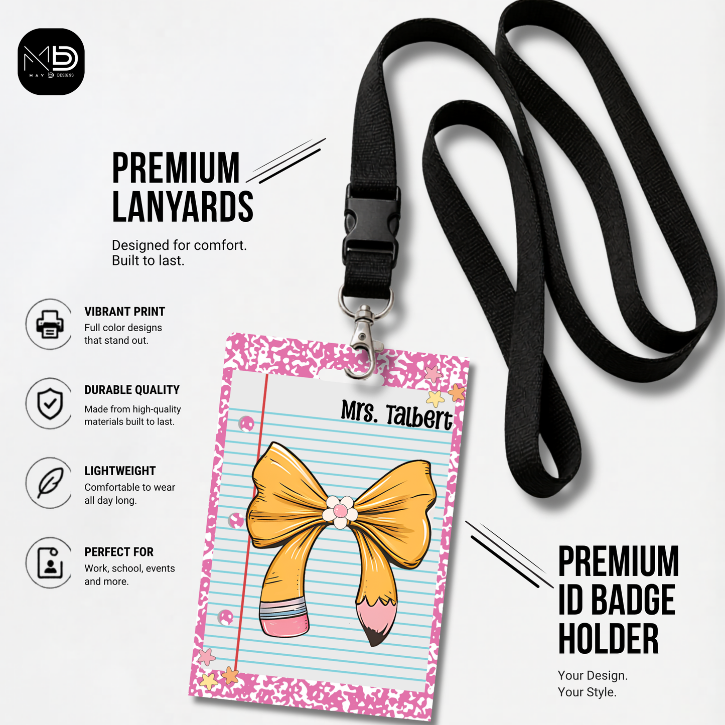 Personalized Teacher ID Badge Holder - Pencil Bow Pink Composition