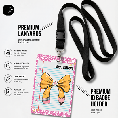 Personalized Teacher ID Badge Holder - Pencil Bow Pink Composition