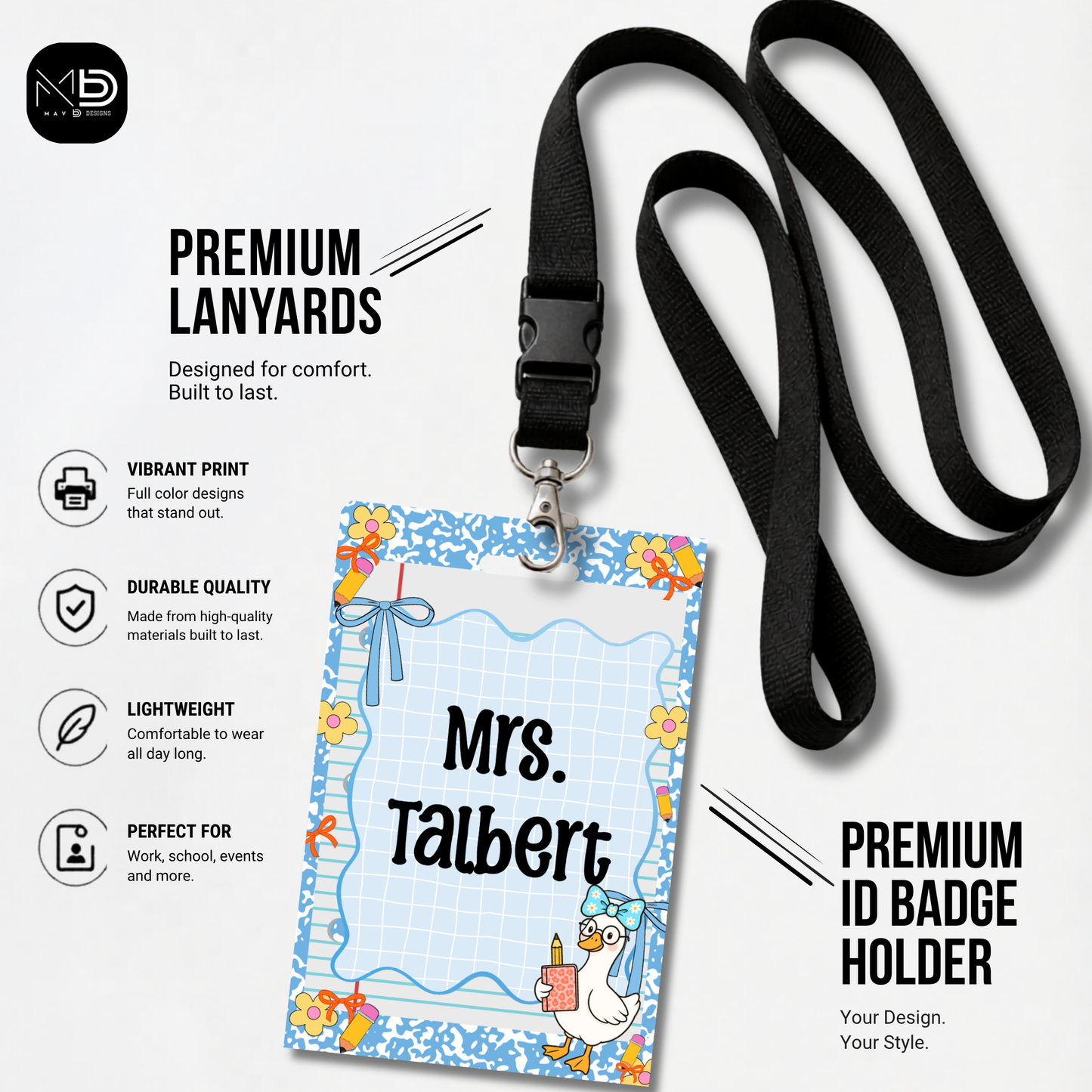 Personalized Teacher ID Badge Holder - Blue Stripes and Goose