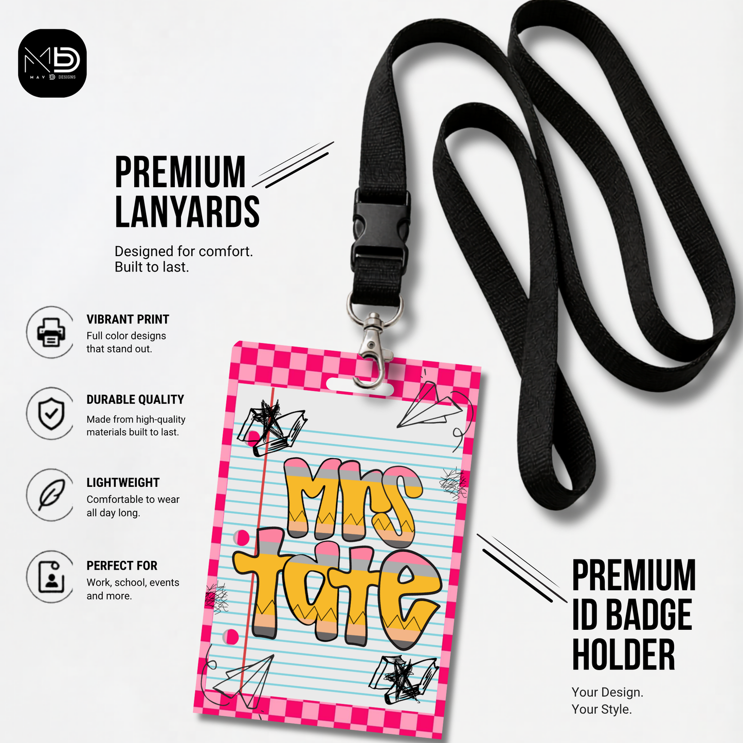 Personalized Teacher ID Badge Holder - Pencil Doodle Pink Checkered