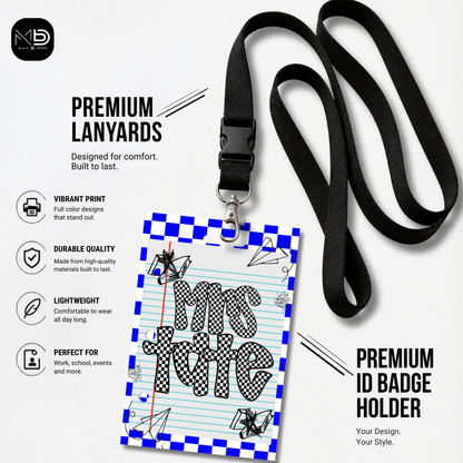Personalized Teacher ID Badge Holder - Blue Checkered Doodle