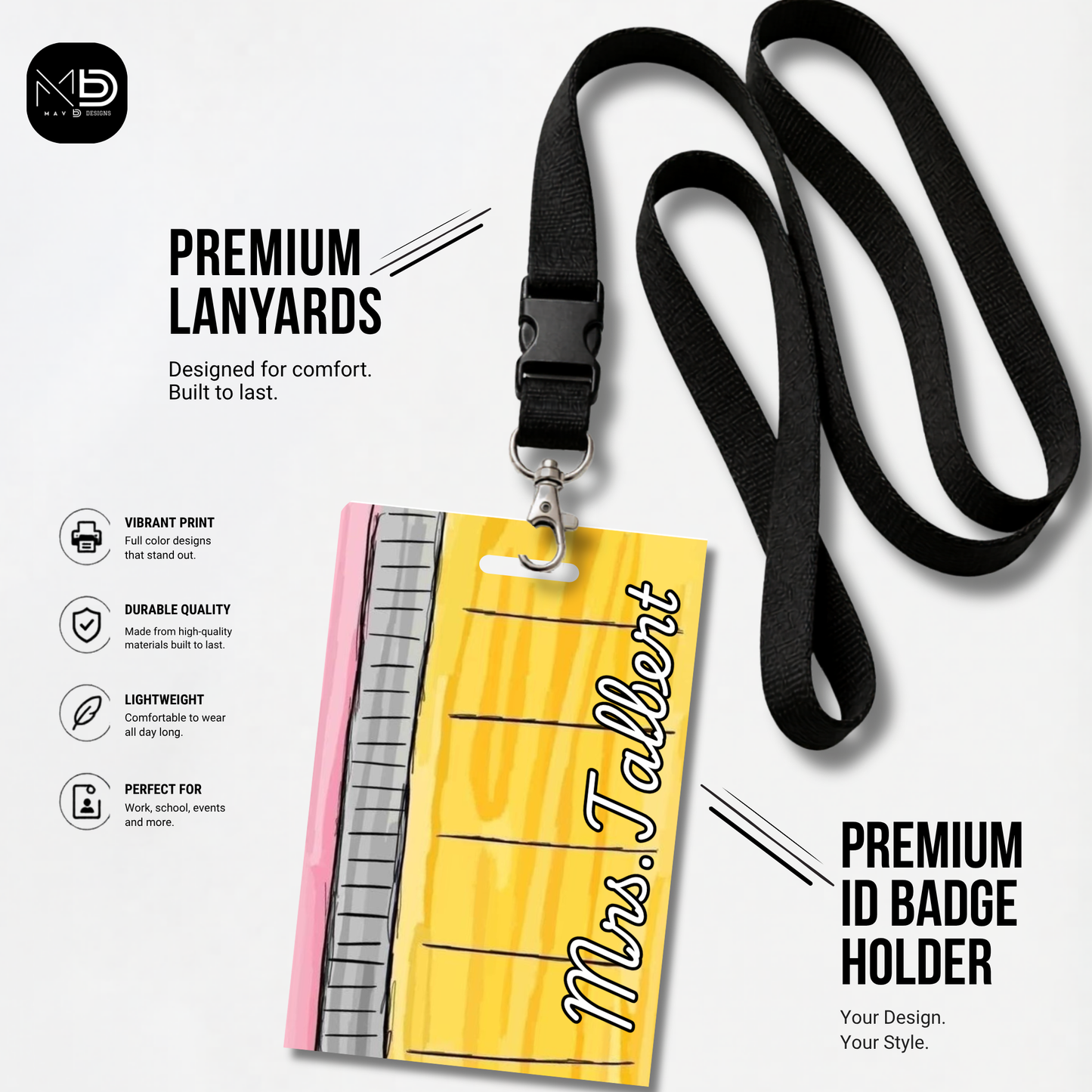 Personalized Teacher ID Badge Holder - Doodle Pencil
