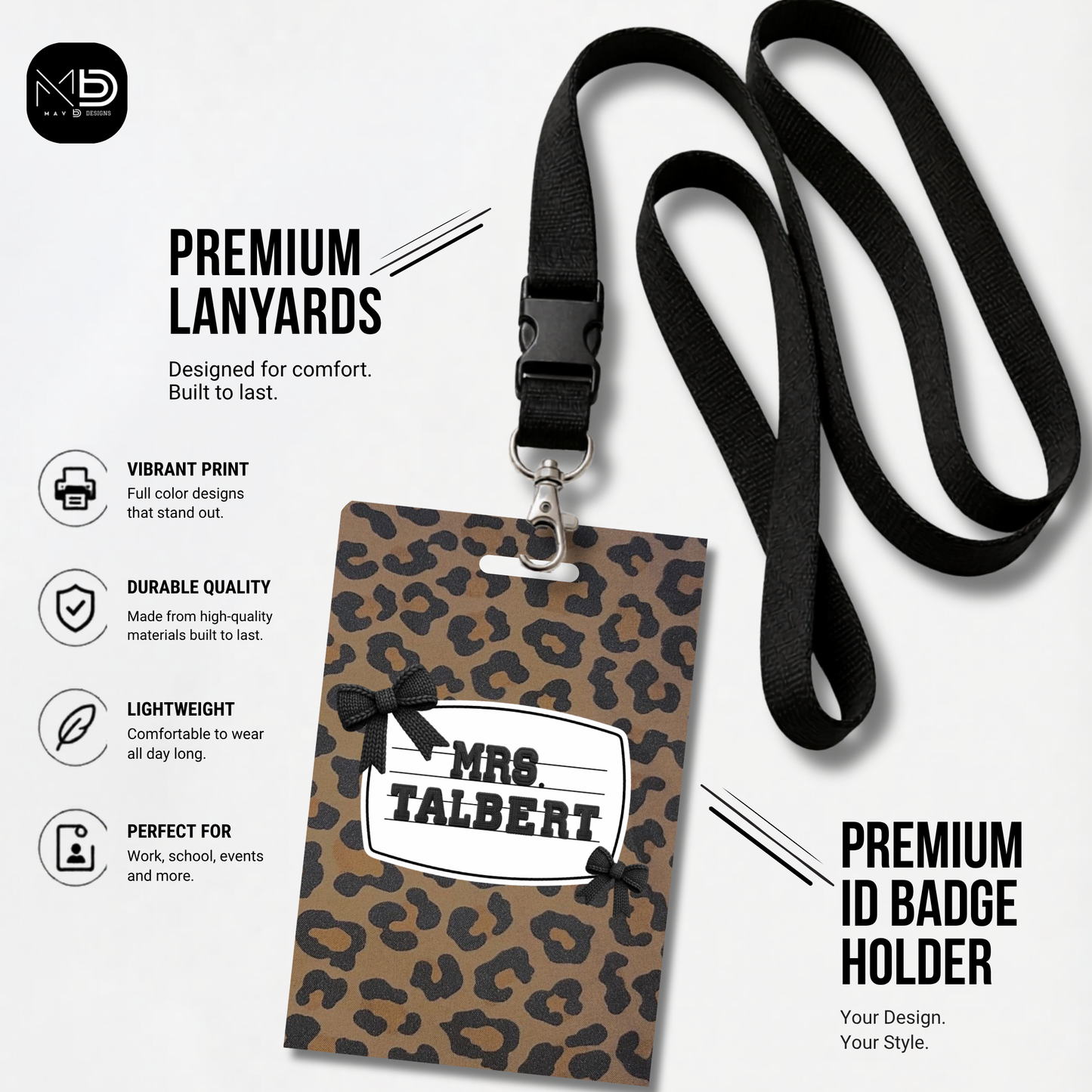 Personalized Teacher ID Badge Holder - Cheetah Bow