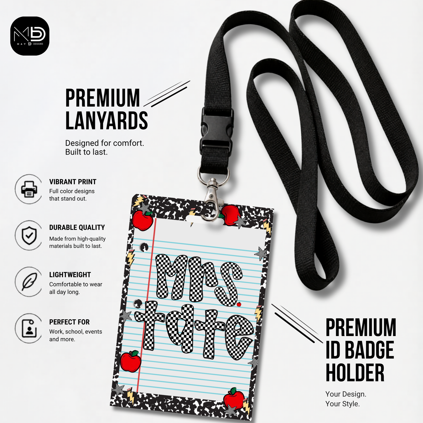 Personalized Teacher ID Badge Holder - Checkered Composition Apple