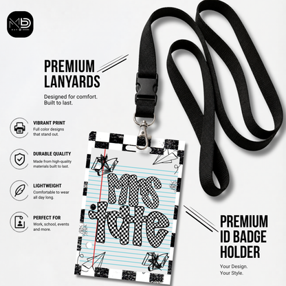 Personalized Teacher ID Badge Holder - Black Checkered Doodle