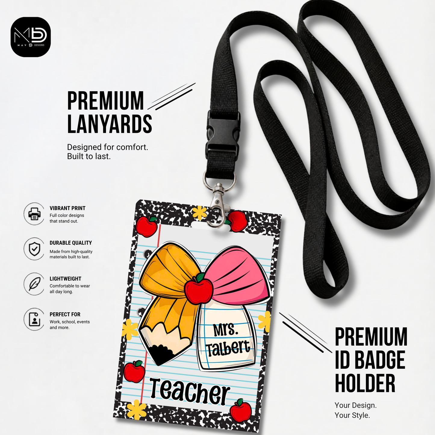 Personalized Teacher ID Badge Holder - Pencil Bow Notebook Doodles