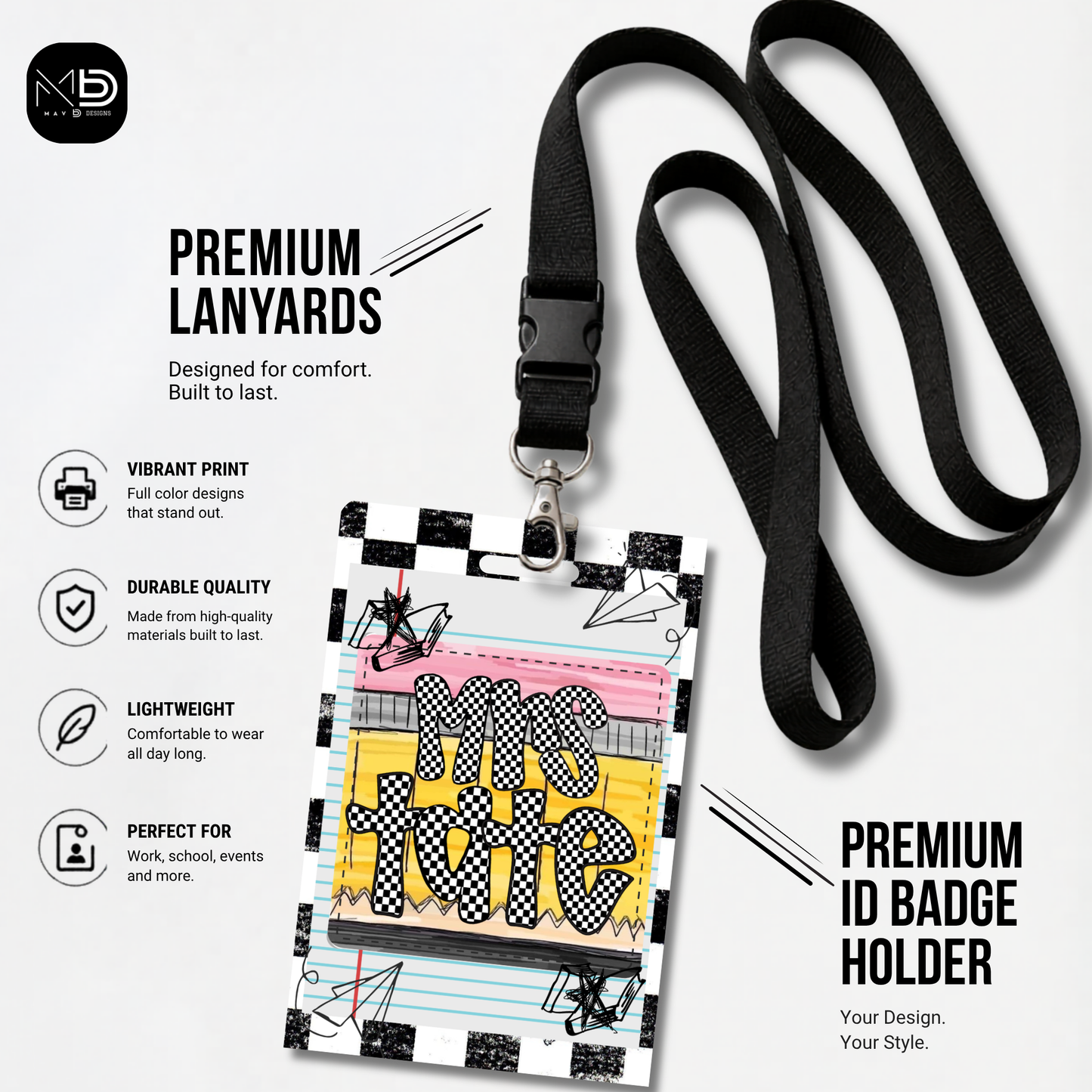 Personalized Teacher ID Badge Holder - Checkered Doodle Pencil