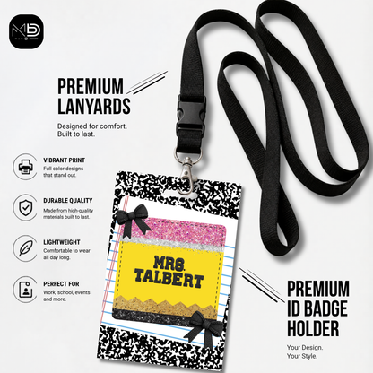 Personalized Teacher ID Badge Holder - Pencil Composition Bow