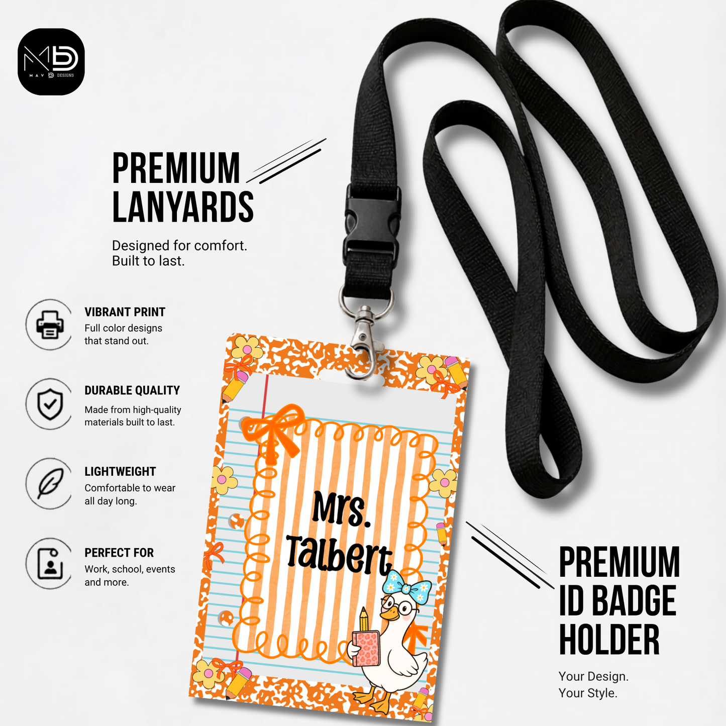 Personalized Teacher ID Badge Holder - Composition Stripes and Goose