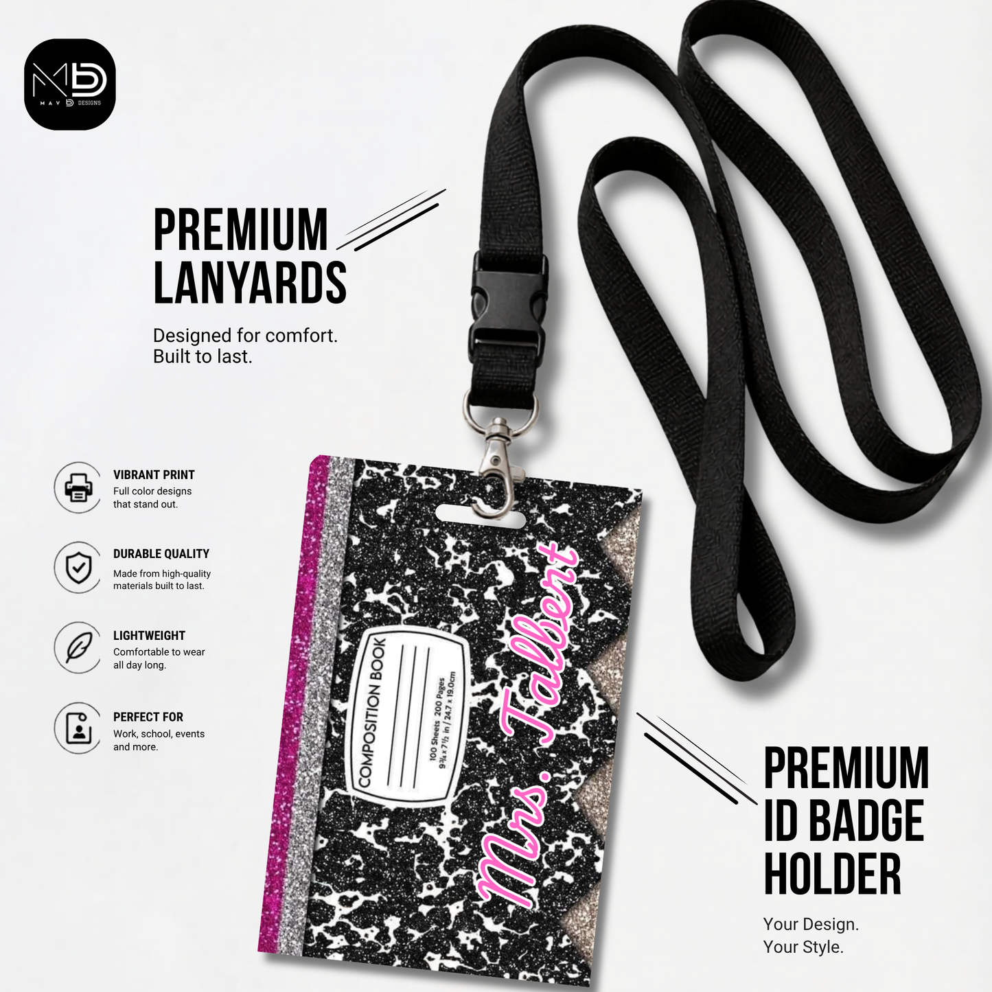 Personalized Teacher ID Badge Holder - Glitter Composition Notebook