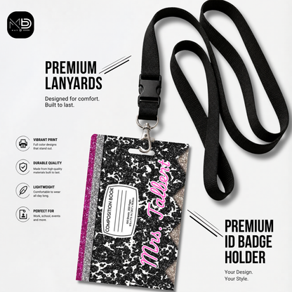 Personalized Teacher ID Badge Holder - Glitter Composition Notebook