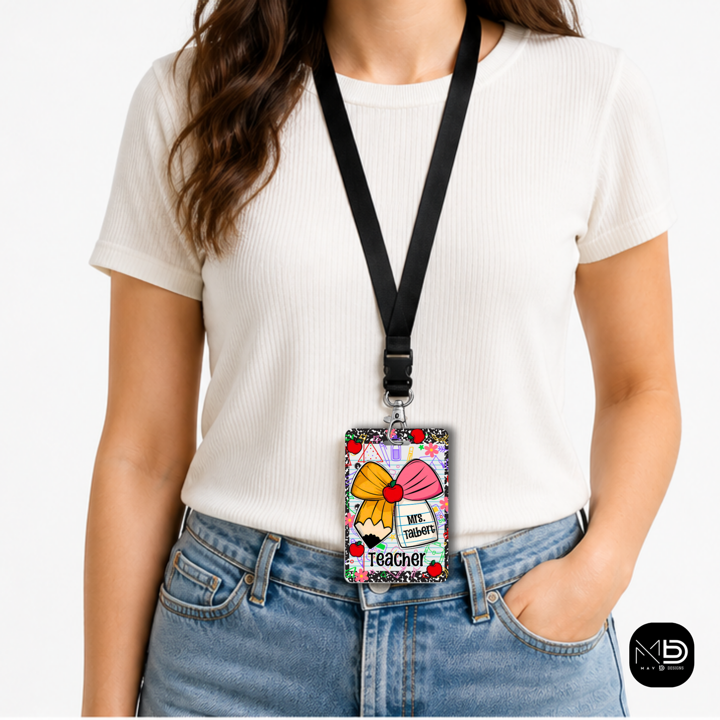 Personalized Teacher ID Badge Holder - Comp Notebook Pencil Bow