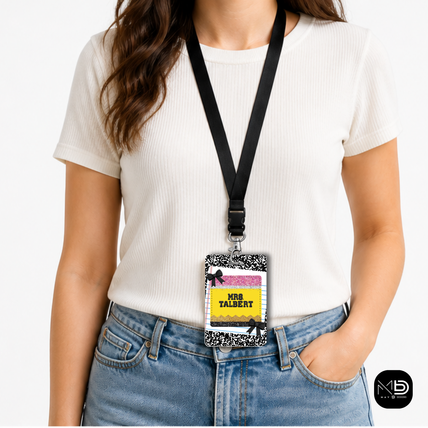 Personalized Teacher ID Badge Holder - Pencil Composition Bow