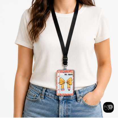 Personalized Teacher ID Badge Holder - Pencil Bow Red Composition