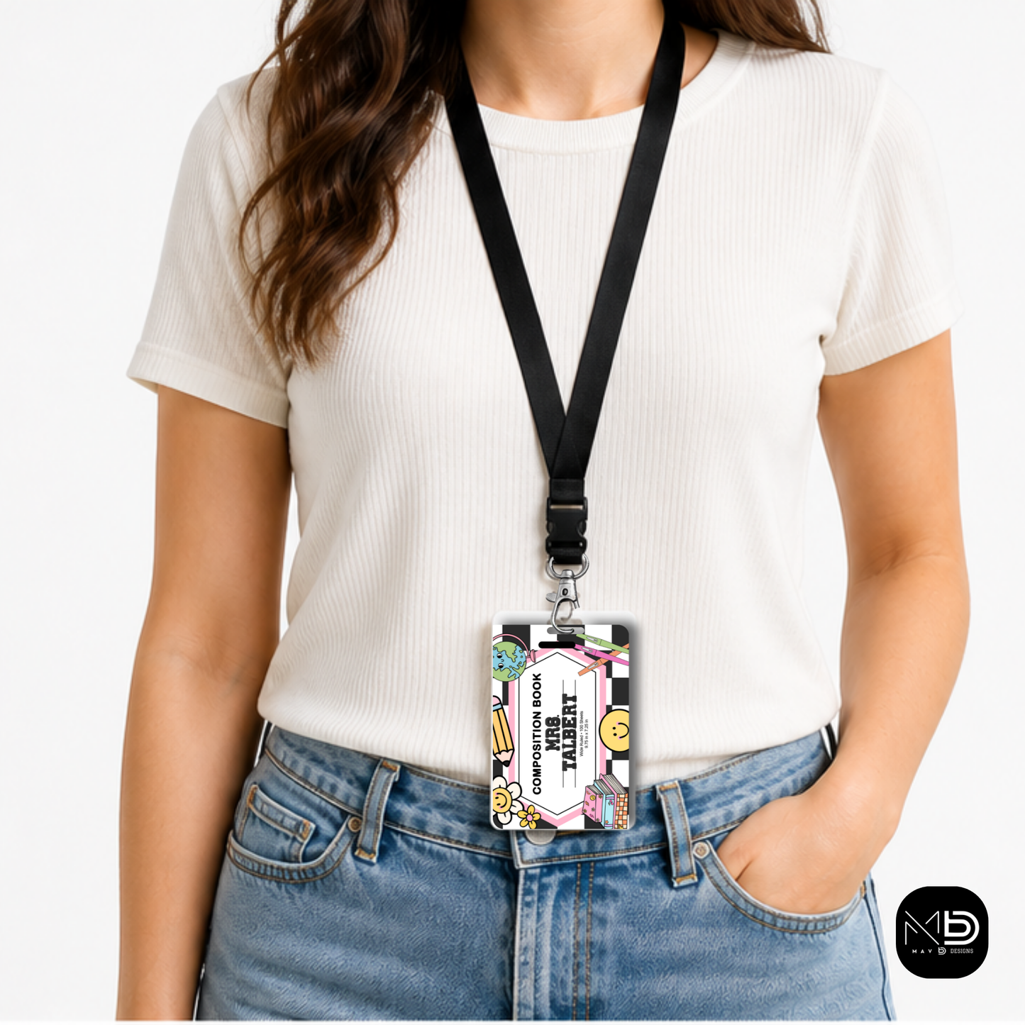 Personalized Teacher ID Badge Holder - Groovy Composition Notebook