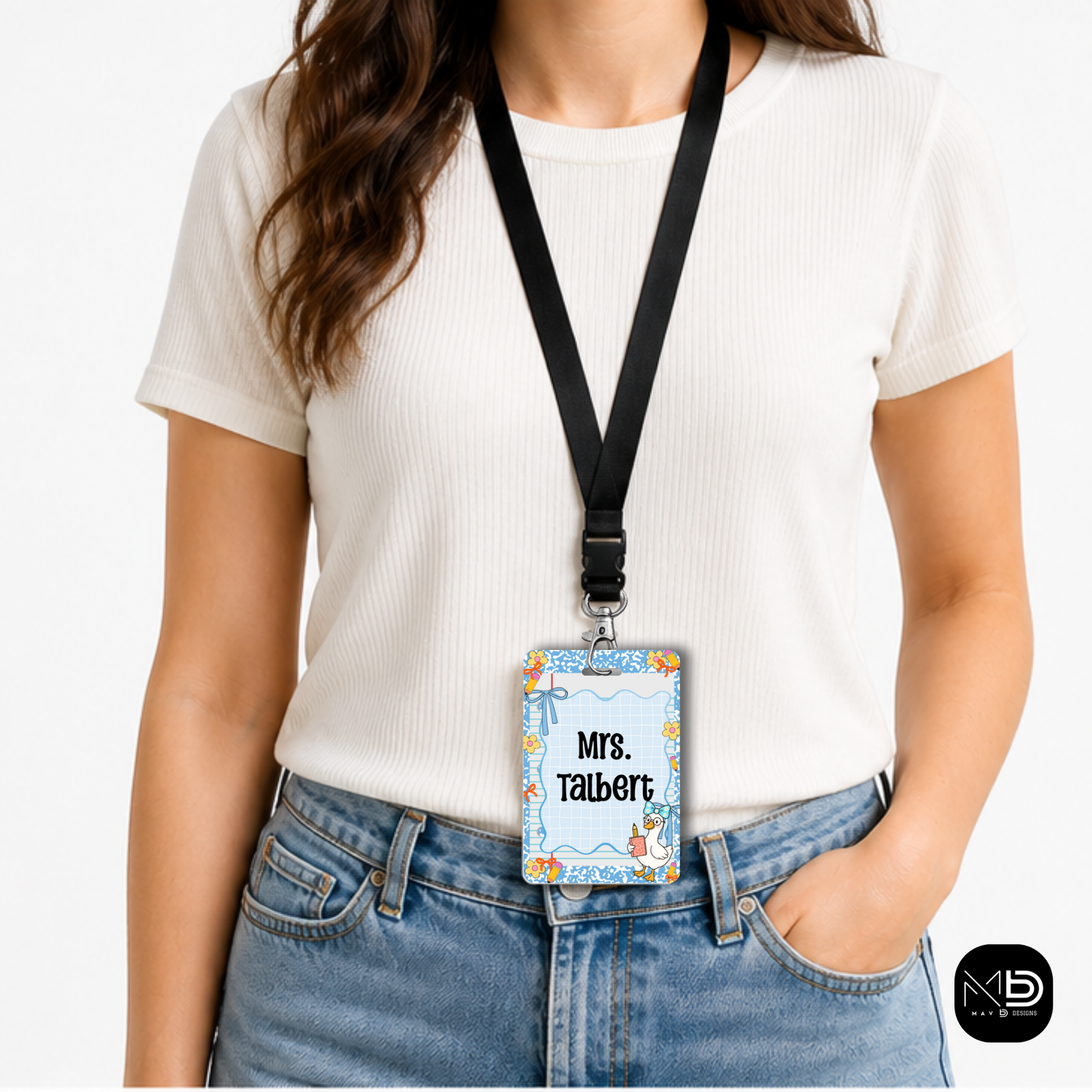 Personalized Teacher ID Badge Holder - Blue Stripes and Goose