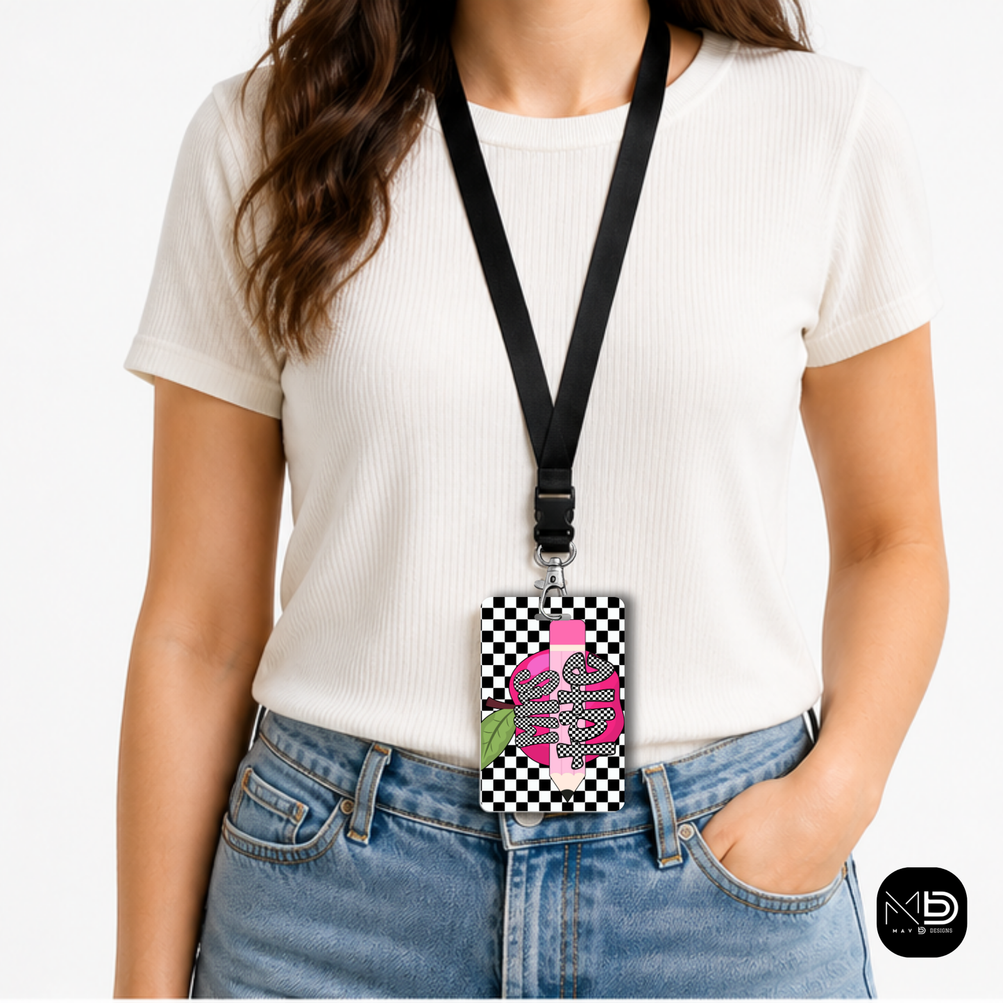 Personalized Teacher ID Badge Holder - Black Checkered Apple