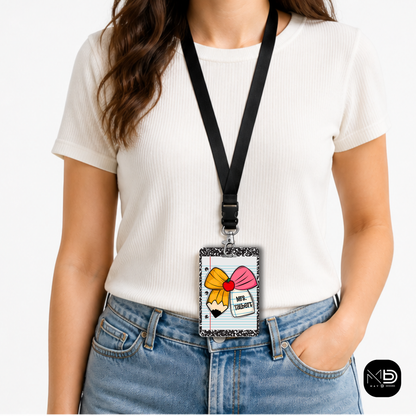 Personalized Teacher ID Badge Holder - Pencil Bow Notebook