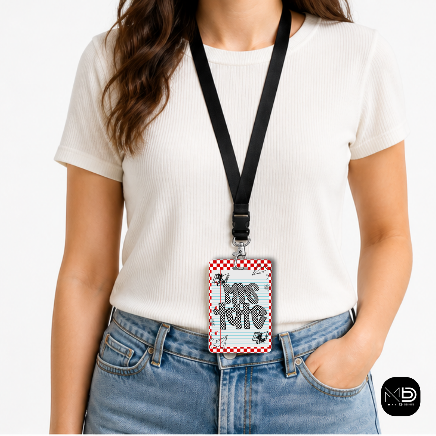 Personalized Teacher ID Badge Holder - Red Checkered Doodle