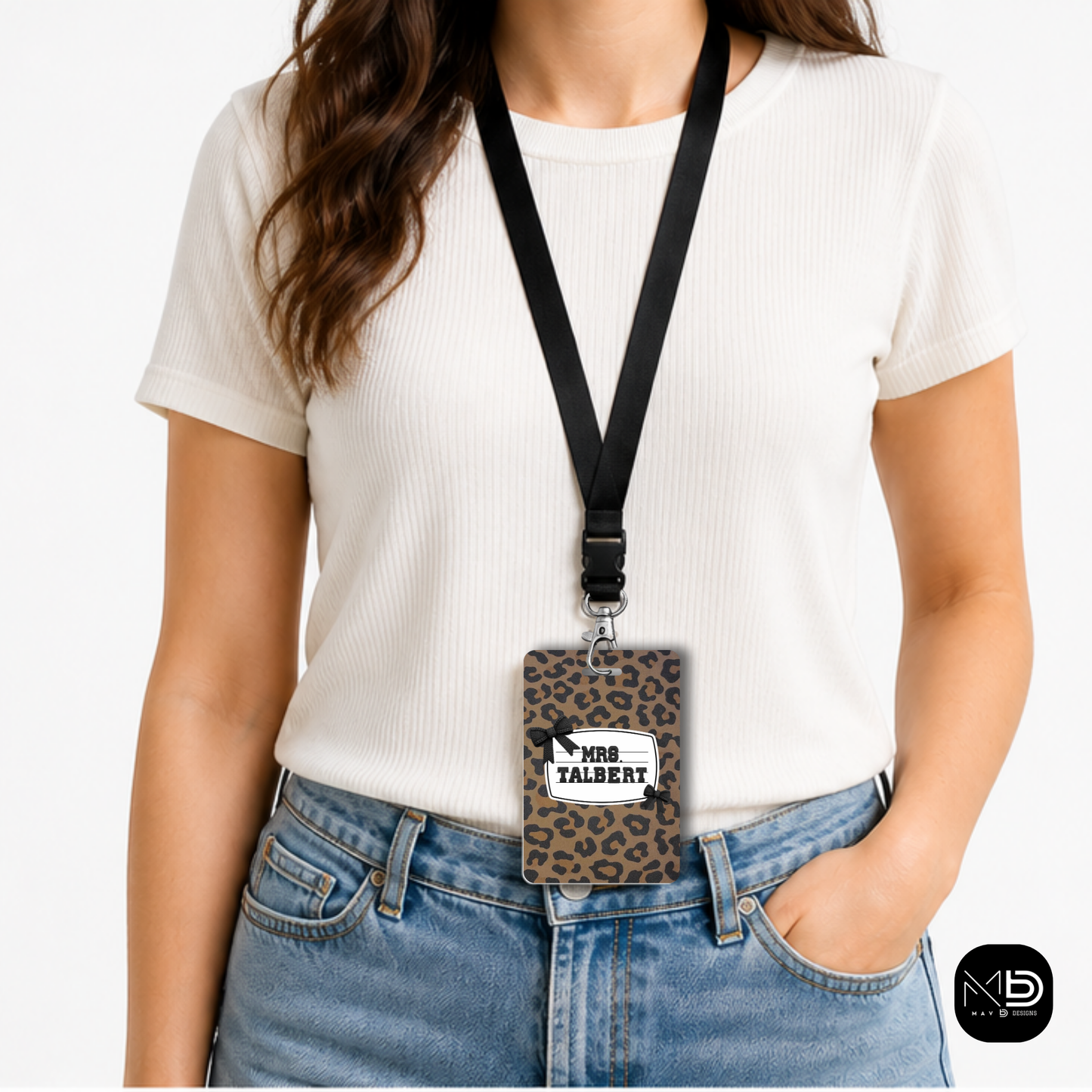 Personalized Teacher ID Badge Holder - Cheetah Bow