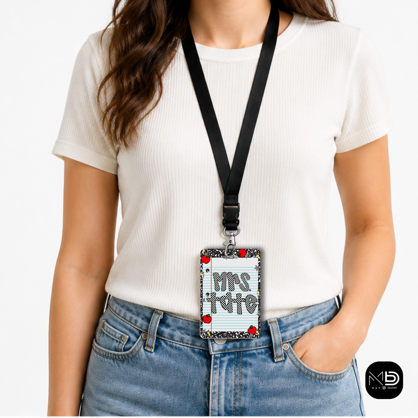 Personalized Teacher ID Badge Holder - Checkered Composition Apple