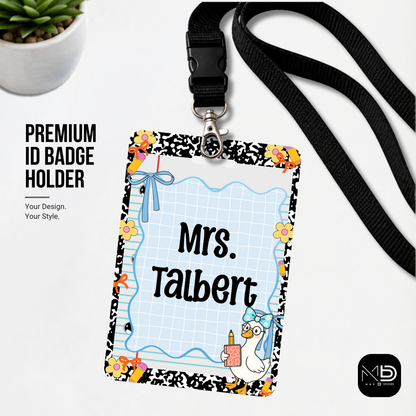 Personalized Teacher ID Badge Holder - Blue Stripes and Goose